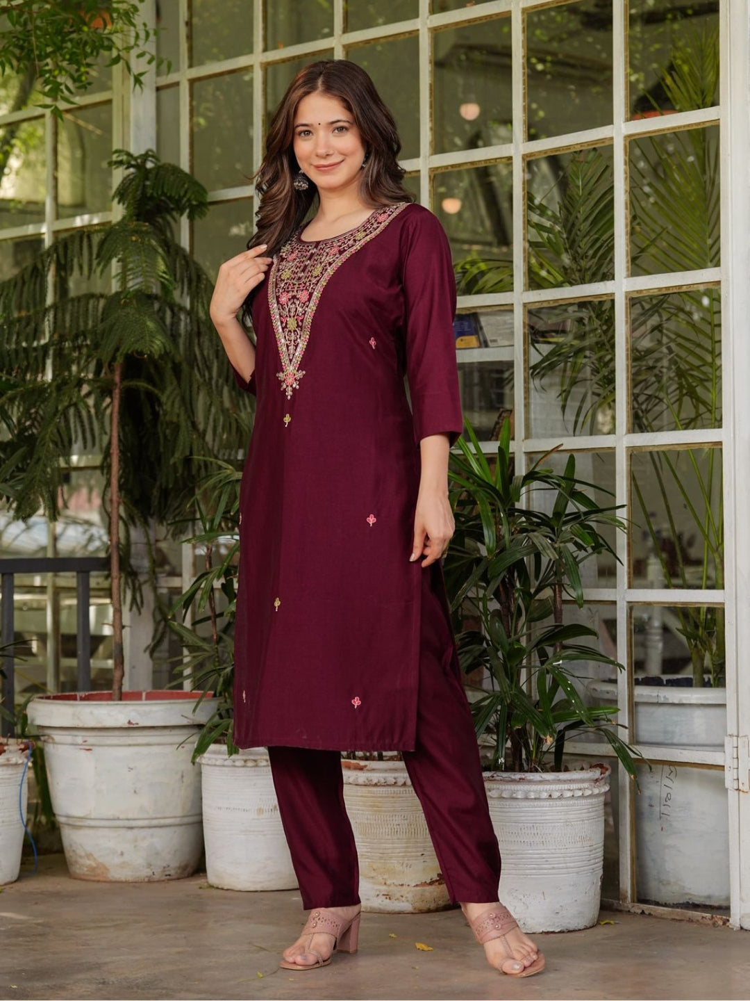 The52 Women's Gorgeous Rayon Slub Embroidery Straight Kurta with Pant And Dupatta Set - Swadesiicart