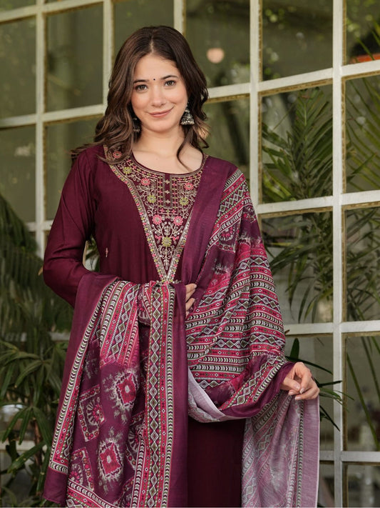 The52 Women's Gorgeous Rayon Slub Embroidery Straight Kurta with Pant And Dupatta Set - Swadesiicart