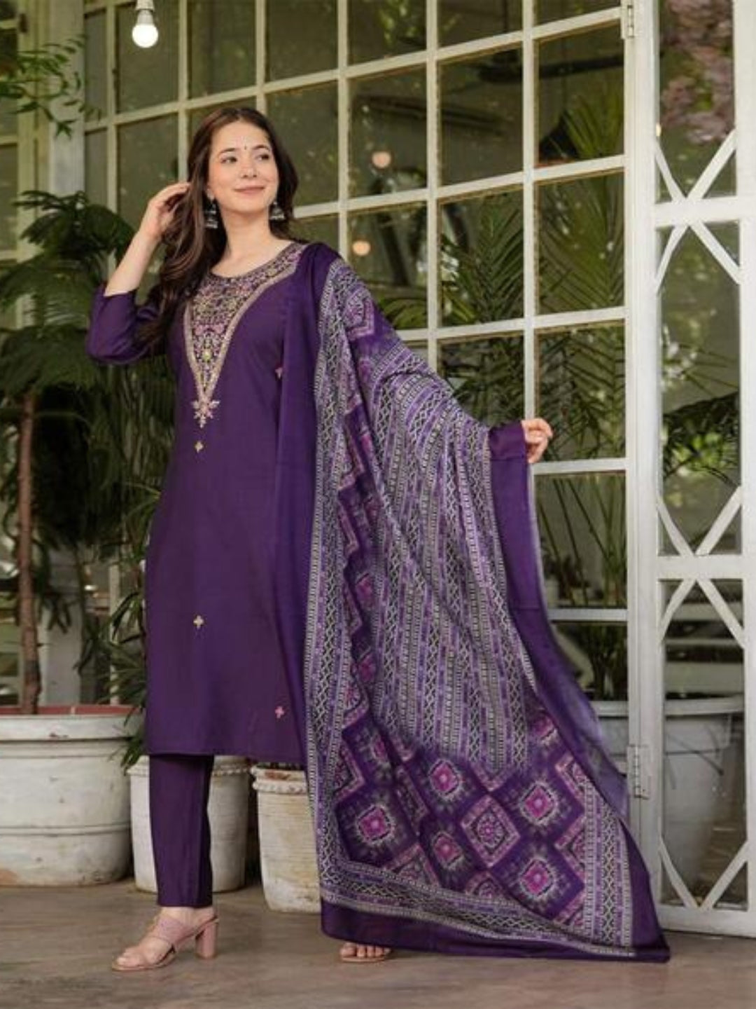 The52 Women's Gorgeous Rayon Slub Embroidery Straight Kurta with Pant And Dupatta Set - Swadesiicart