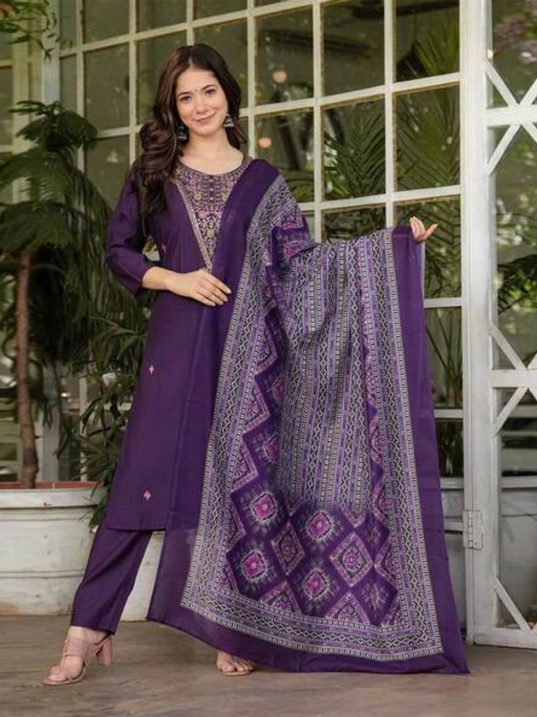 The52 Women's Gorgeous Rayon Slub Embroidery Straight Kurta with Pant And Dupatta Set - Swadesiicart