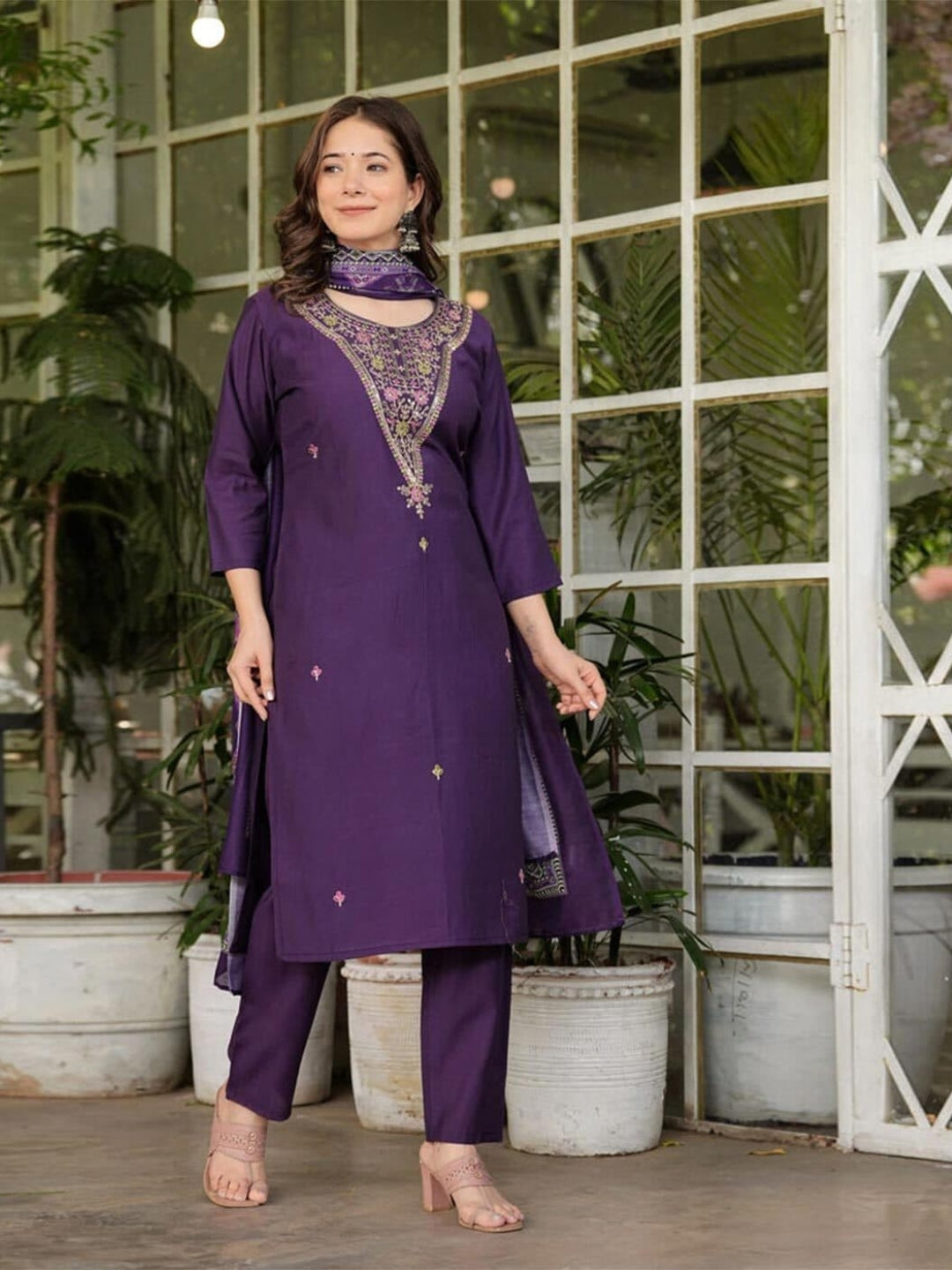 The52 Women's Gorgeous Rayon Slub Embroidery Straight Kurta with Pant And Dupatta Set - Swadesiicart