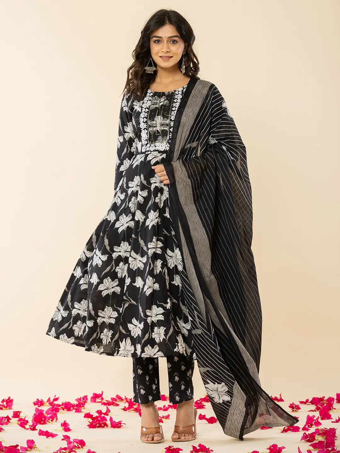 Yufta Black Cotton Sequins_Work Anarkali Kurta Dupatta Pant Set - Swadesiicart