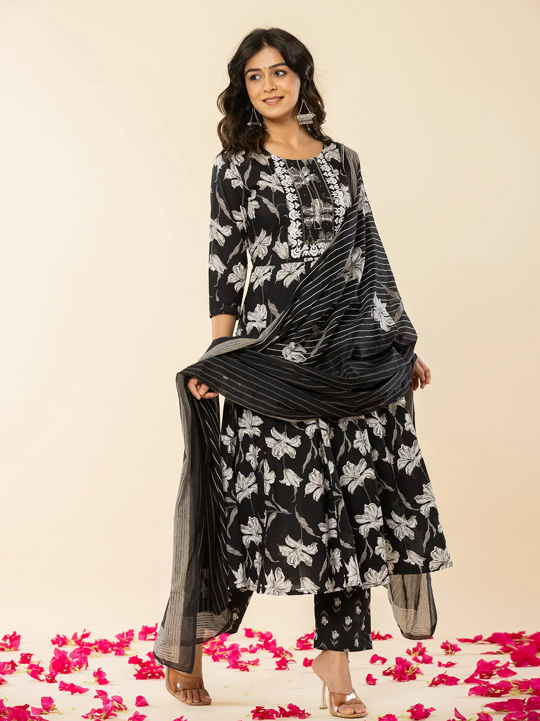 Yufta Black Cotton Sequins_Work Anarkali Kurta Dupatta Pant Set - Swadesiicart