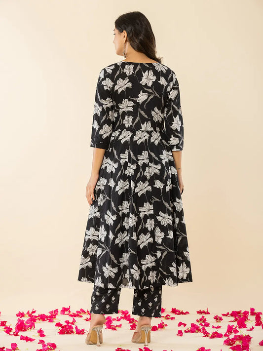 Yufta Black Cotton Sequins_Work Anarkali Kurta Dupatta Pant Set - Swadesiicart