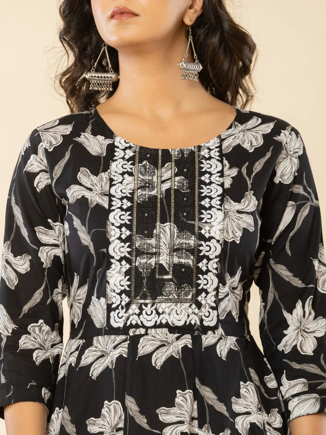 Yufta Black Cotton Sequins_Work Anarkali Kurta Dupatta Pant Set - Swadesiicart