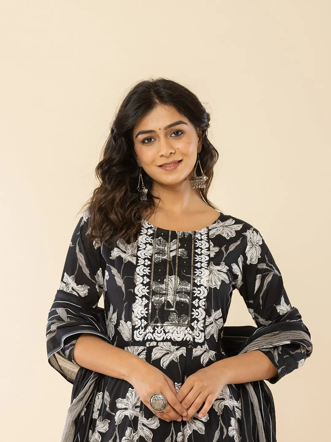 Yufta Black Cotton Sequins_Work Anarkali Kurta Dupatta Pant Set - Swadesiicart