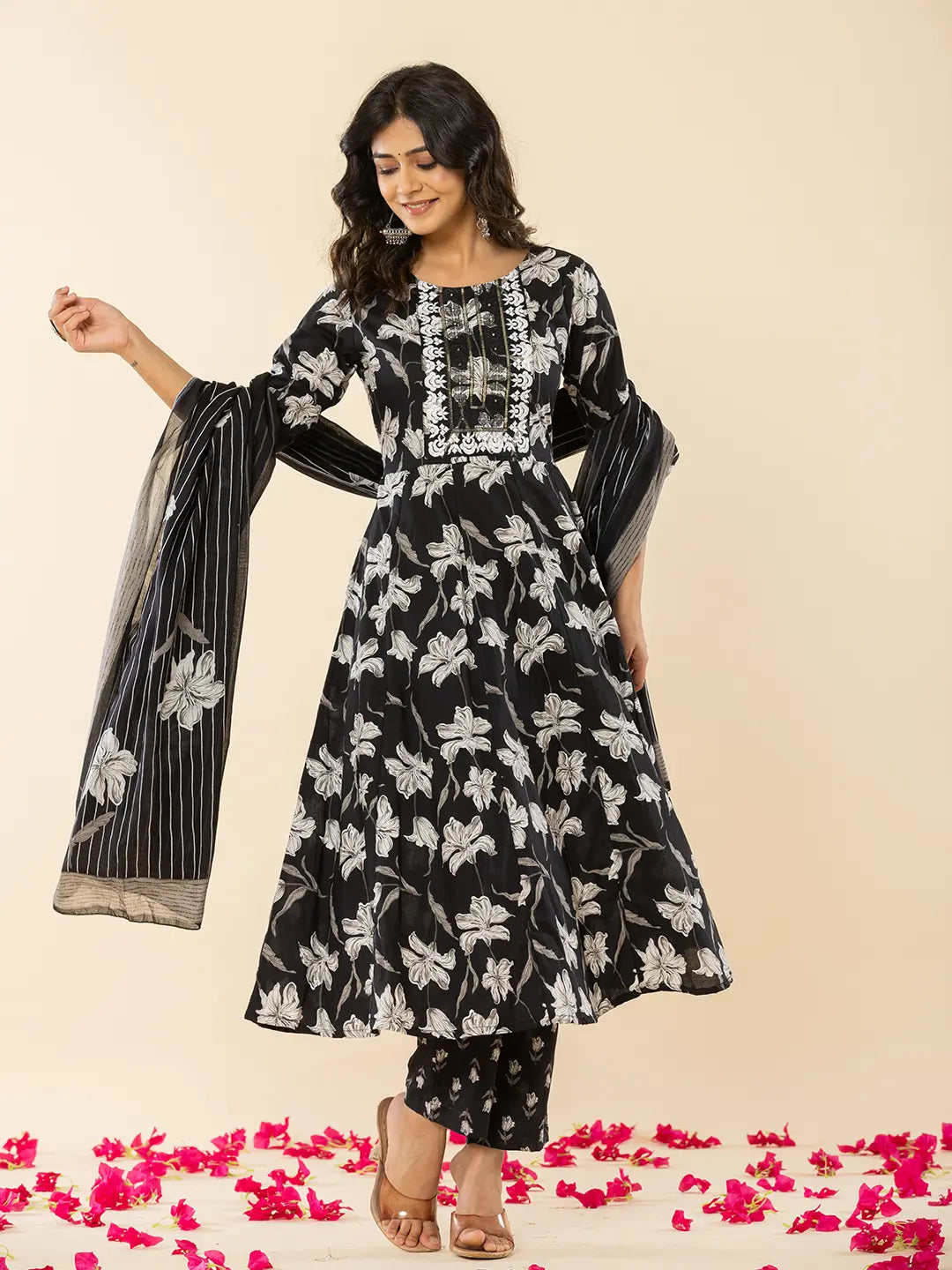 Yufta Black Cotton Sequins_Work Anarkali Kurta Dupatta Pant Set - Swadesiicart