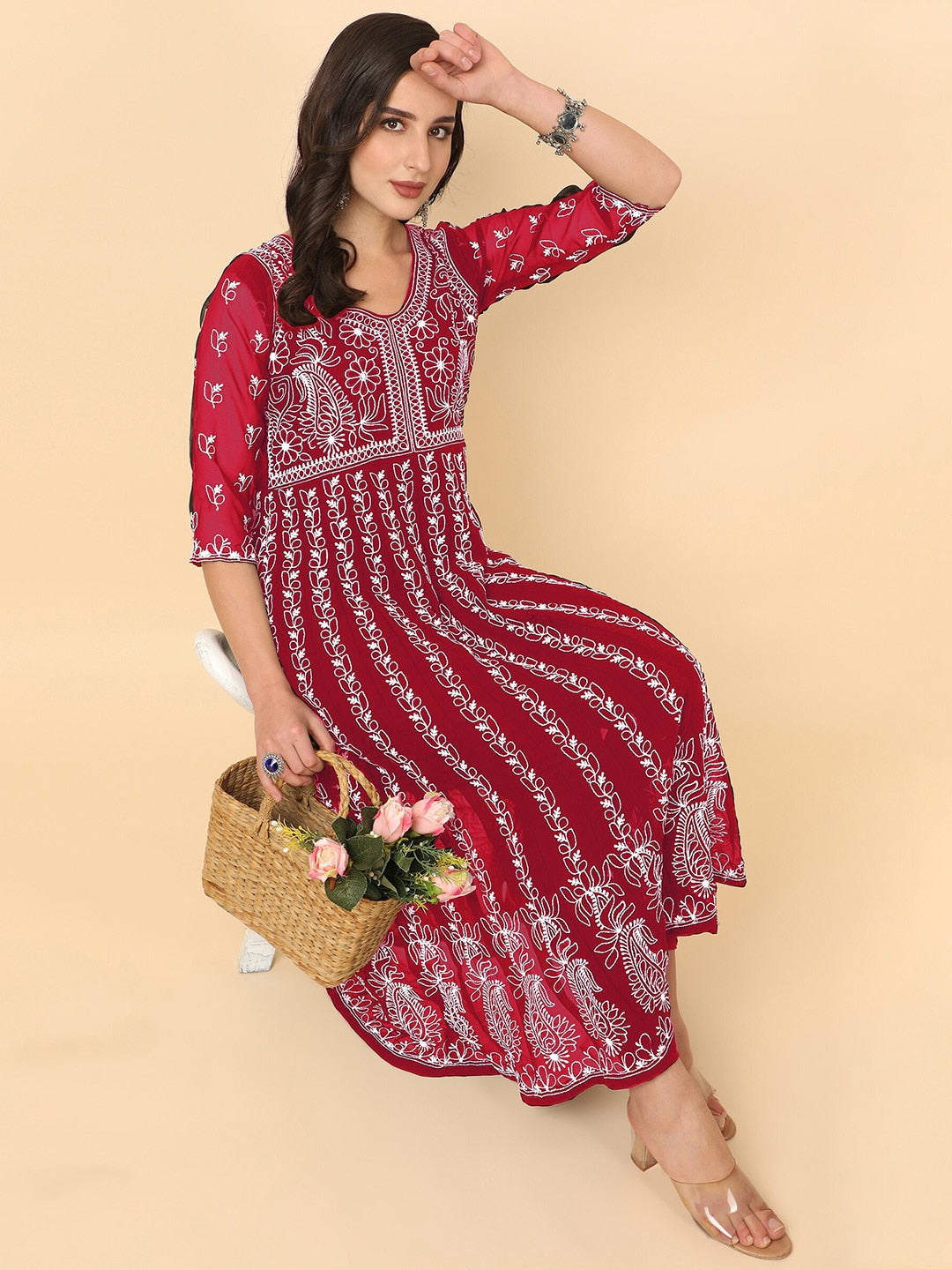 HERE&NOW Chikankari Embroidered Thread Work Georgette Anarkali Kurta | Swadesiicart