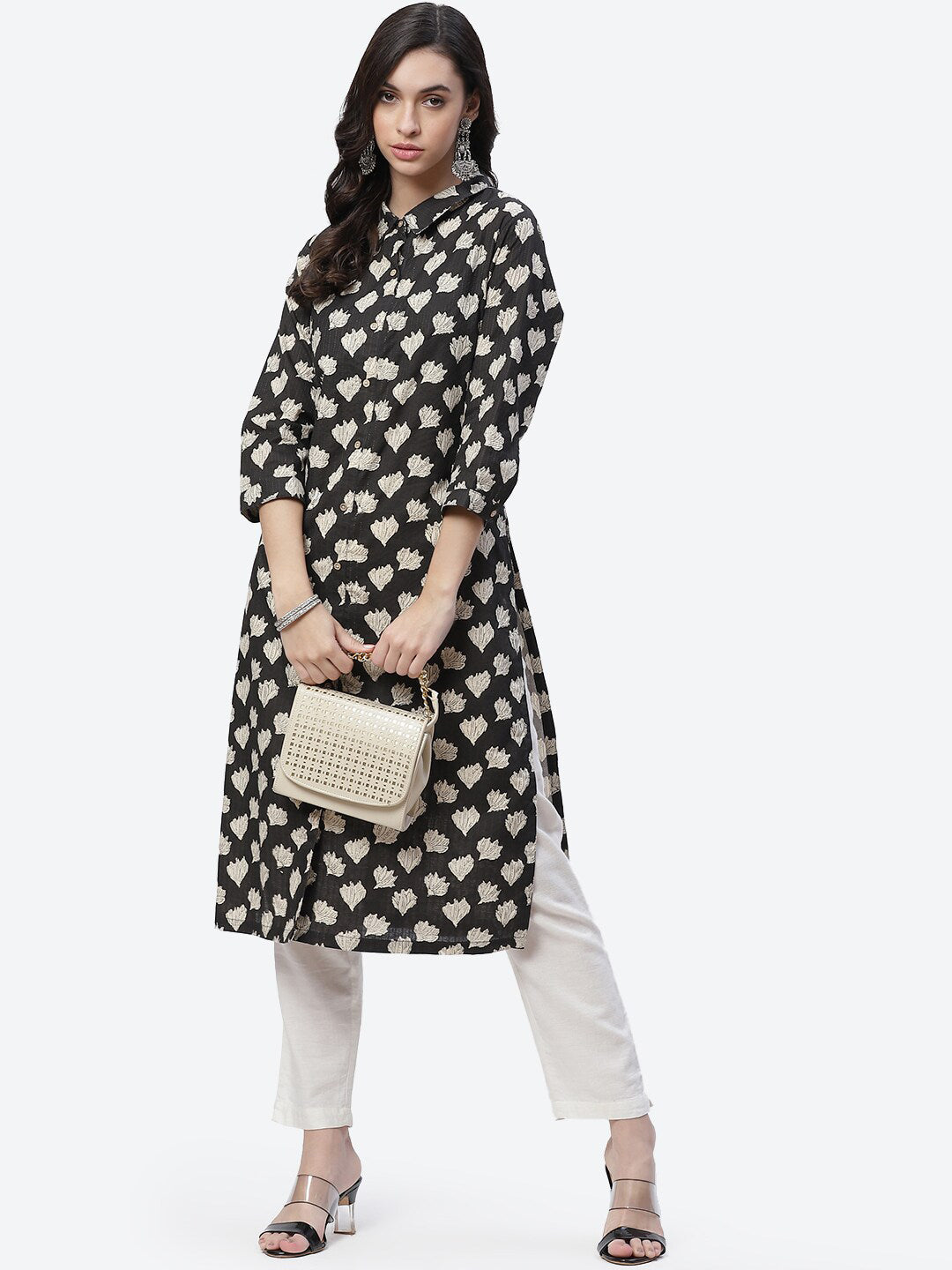 Biba Women Black and White Ethnic Motifs Print Straight Kurta - Swadesiicart