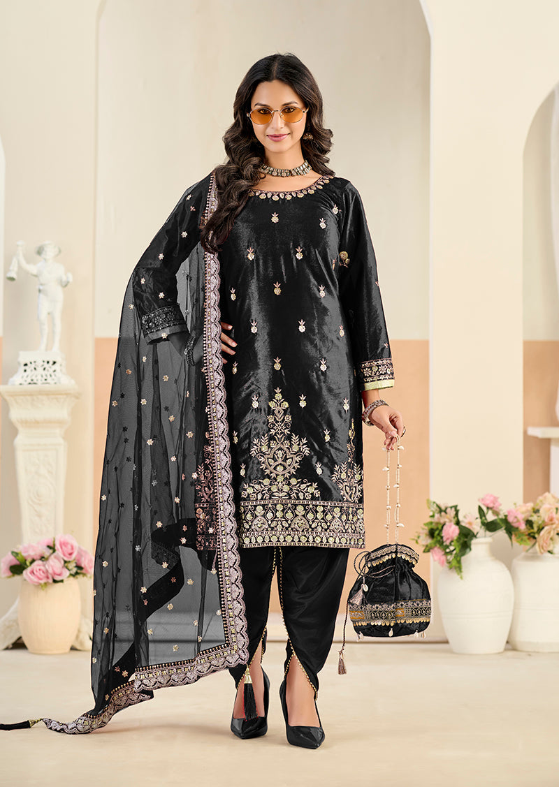 Monjolika Fashion Black Velvet Embroidered Salwar Kameez