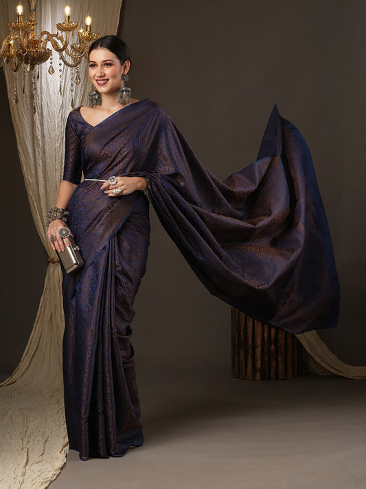 Saree Mall Navy Blue & Gold-Toned Woven Design Zari Silk Blend Banarasi Sarees | Swadesiicart