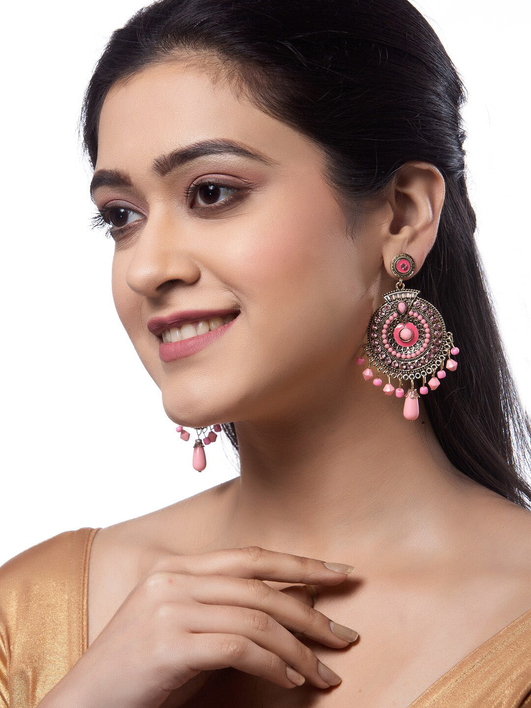 Shining Diva Pink Circular Drop Earrings | Swadesiicart