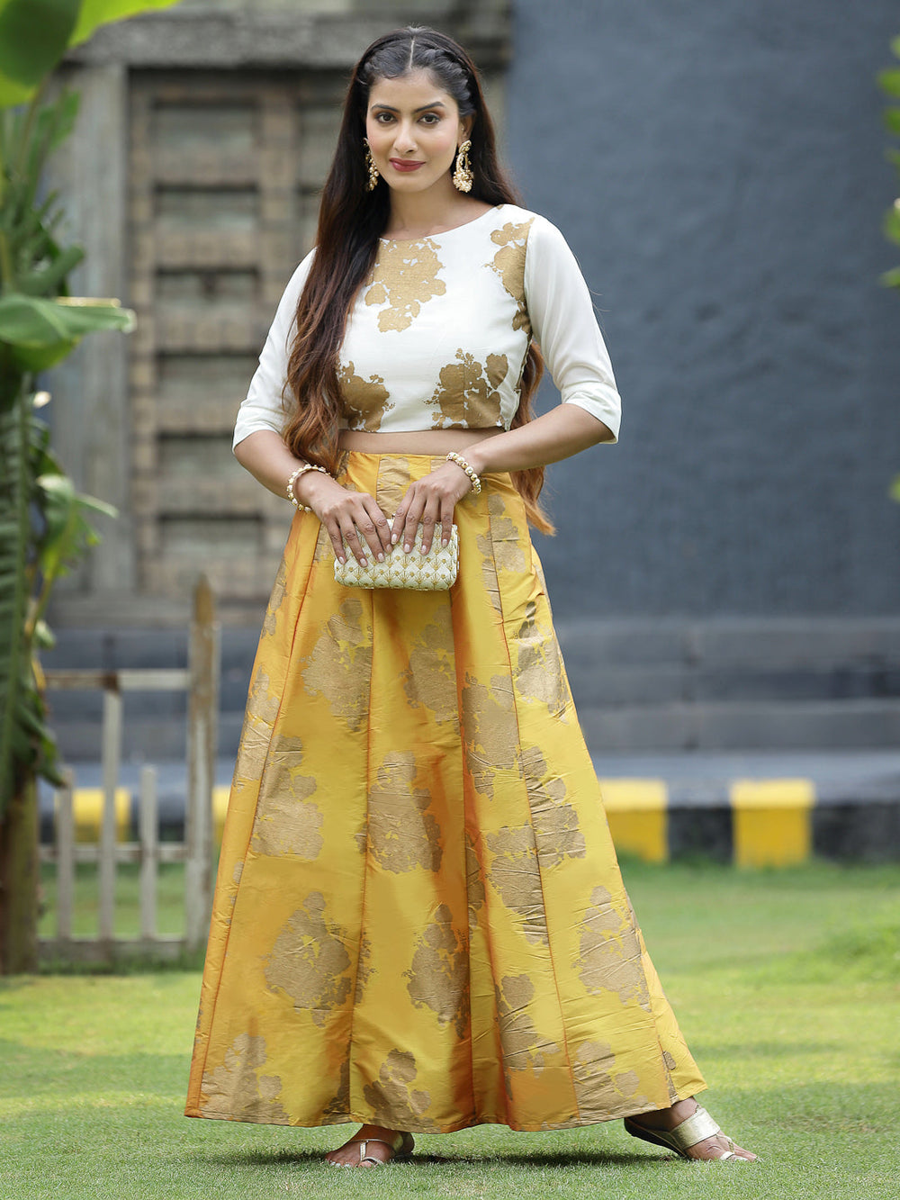 Juniper Women`s Mustard Dupion Printed Flared Lehenga Choli Sets | Swadesiicart