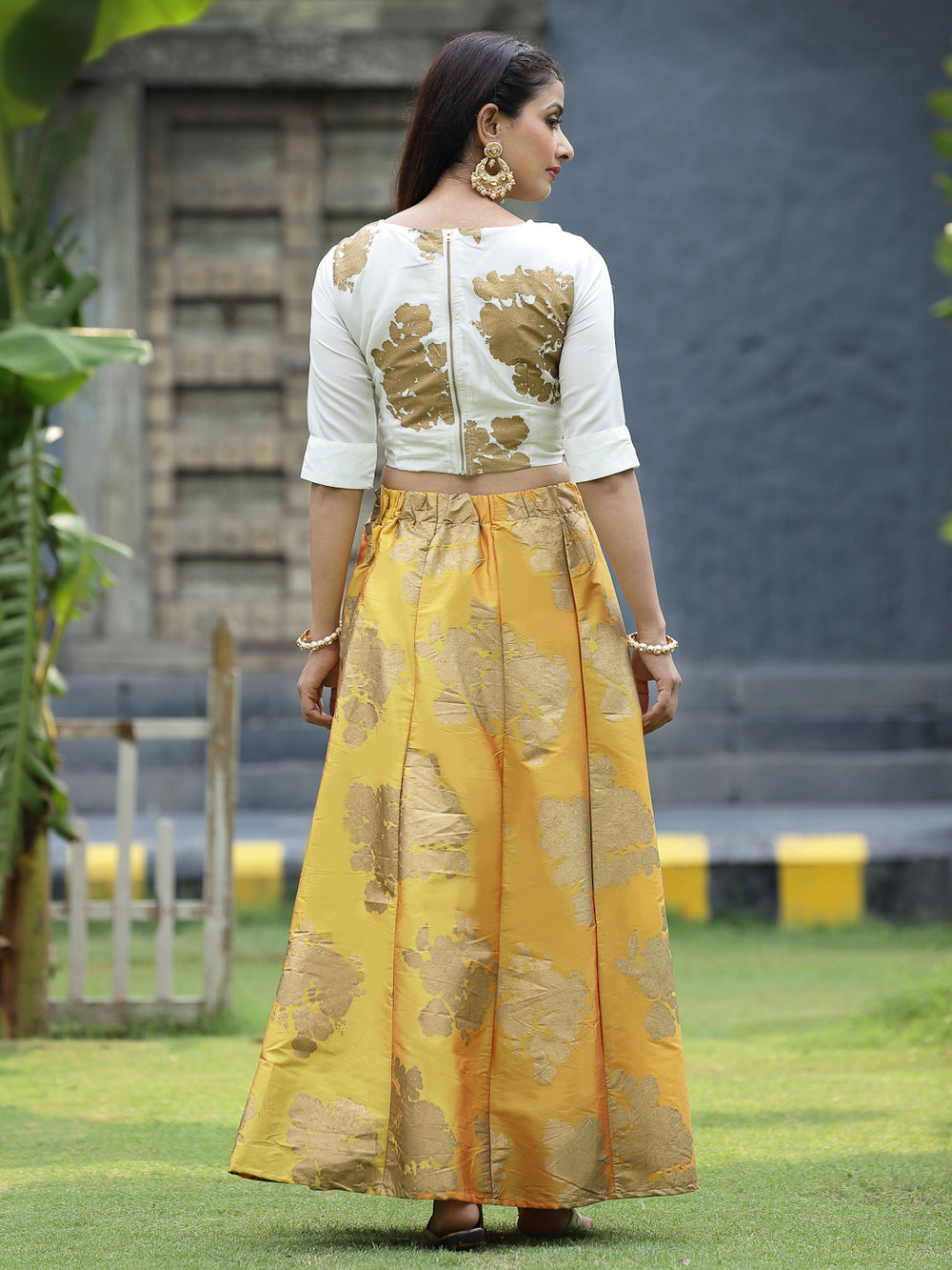 Juniper Women`s Mustard Dupion Printed Flared Lehenga Choli Sets | Swadesiicart