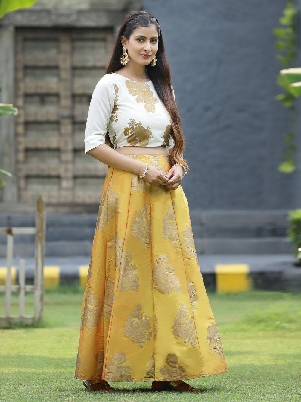 Juniper Women`s Mustard Dupion Printed Flared Lehenga Choli Sets | Swadesiicart
