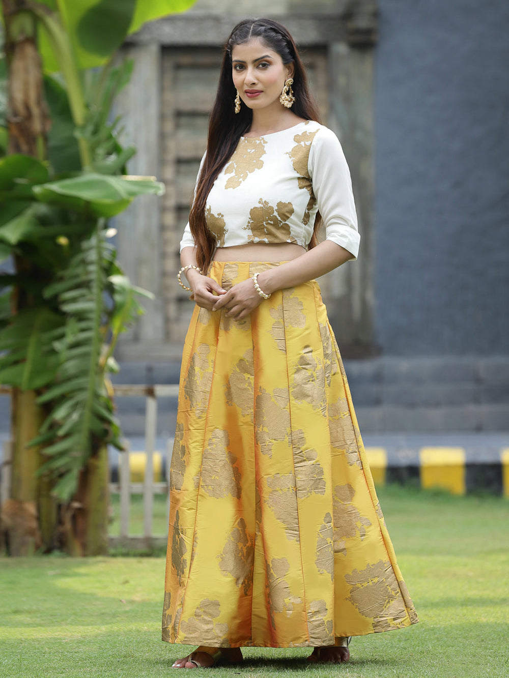 Juniper Women`s Mustard Dupion Printed Flared Lehenga Choli Sets | Swadesiicart
