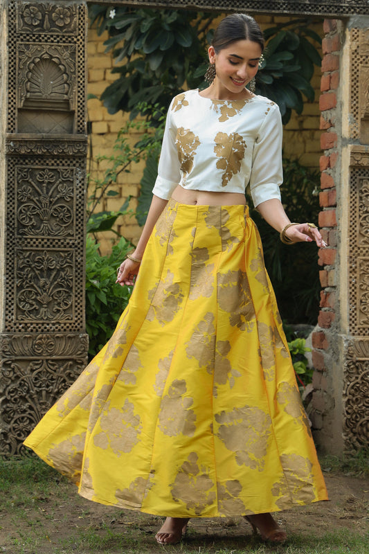 Juniper Women`s Mustard Dupion Printed Flared Lehenga Choli Sets | Swadesiicart