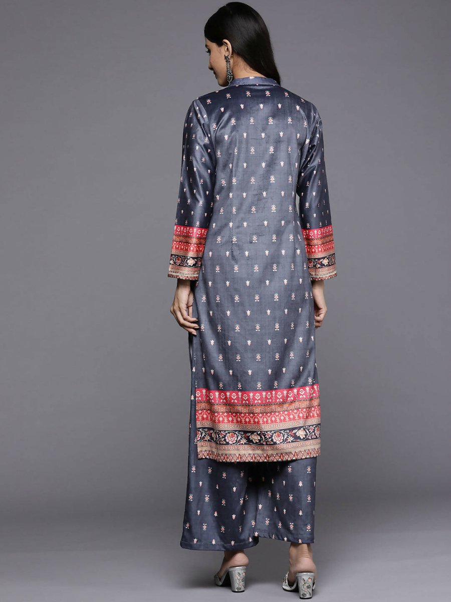 Ahalyaa Women Navy Blue Ethnic Motifs Printed Gotta Patti Velvet Kurta with Palazzos | Swadesiicart