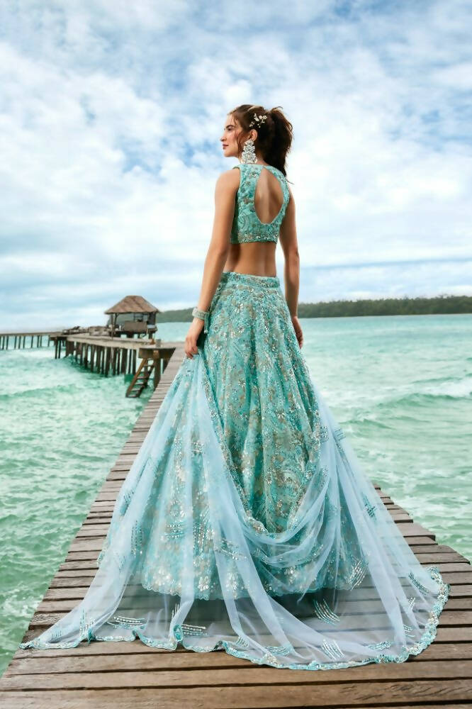 House of Panchhi Turquoise Blue Net Sequins And Zarkan Embroidery Lehenga Choli & Dupatta | Swadesiicart