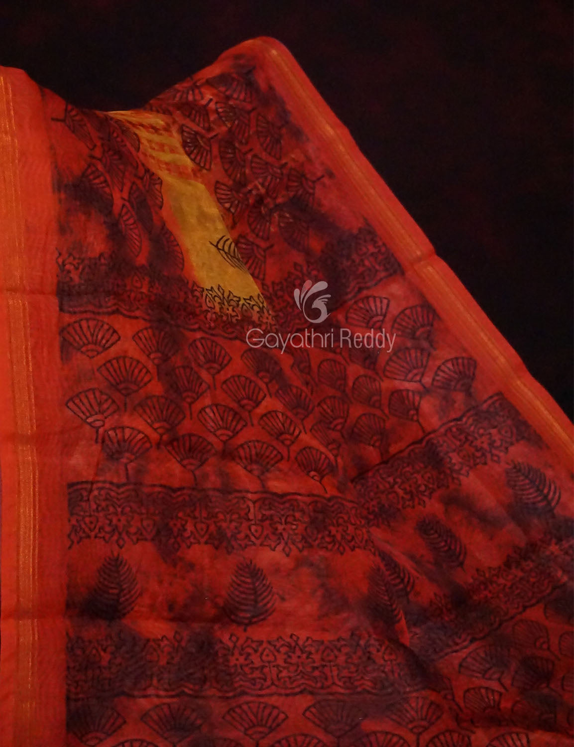 Yellow And Red Colour Block Print Semi Chanderi Saree By Gayathri Reddy Designer Studio | Swadesiicart