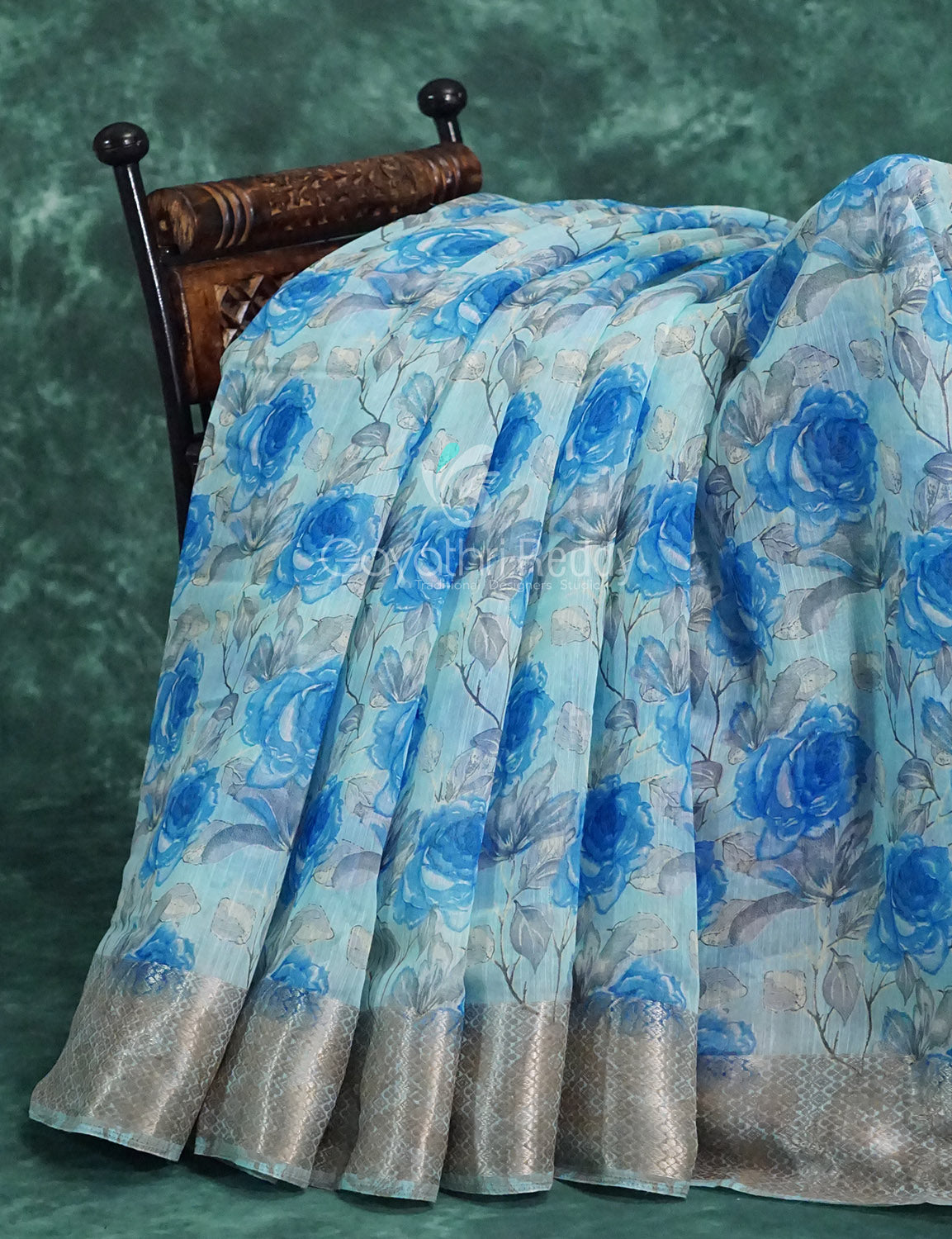 Powder Blue And Dark Blue Coloured Floral Print Semi Chanderi Saree By Gayathri Reddy Designer Studio | Swadesiicart
