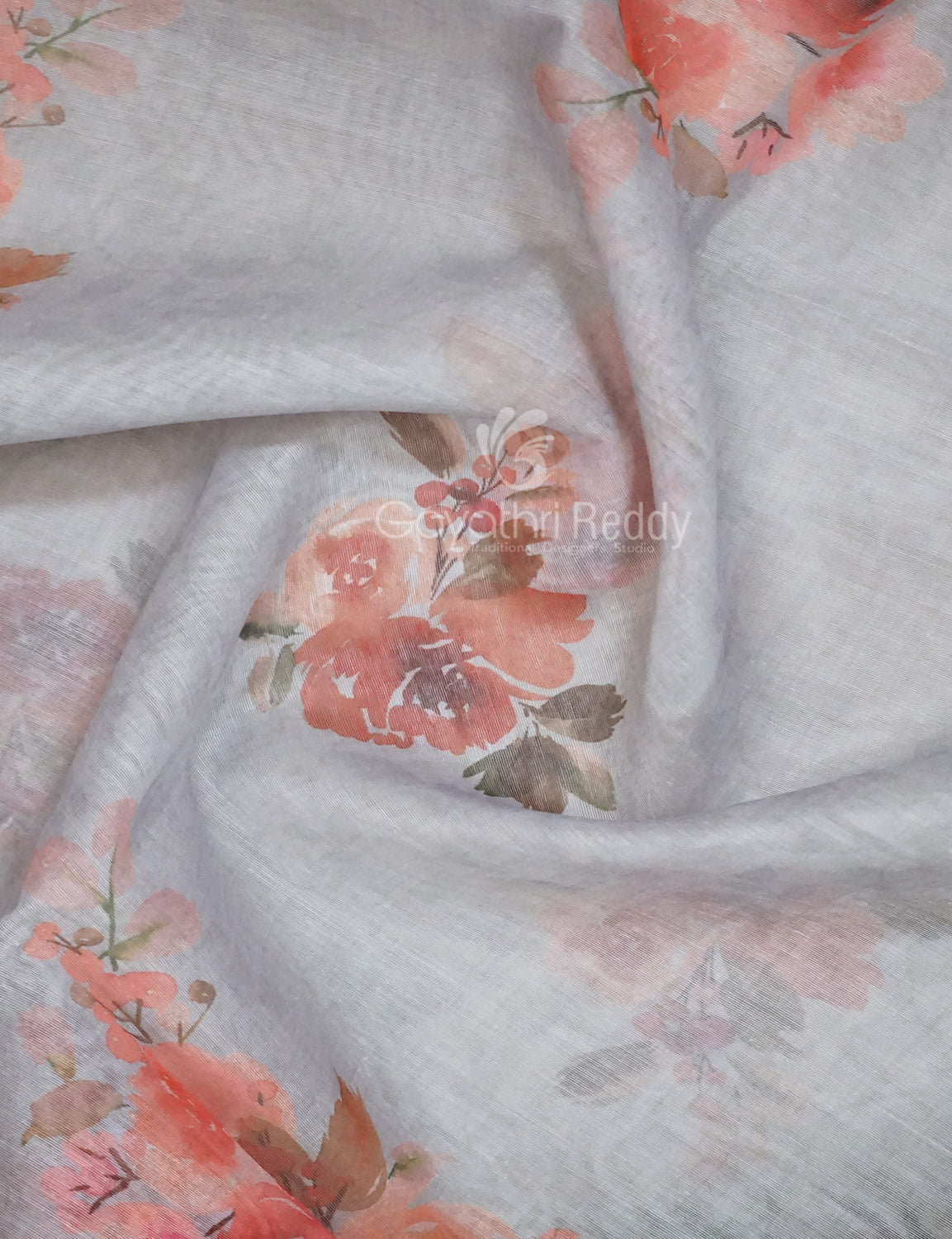 Shades of Light Grey Floral Print Semi Chanderi Saree By Gayathri Reddy Designer Studio | Swadesiicart