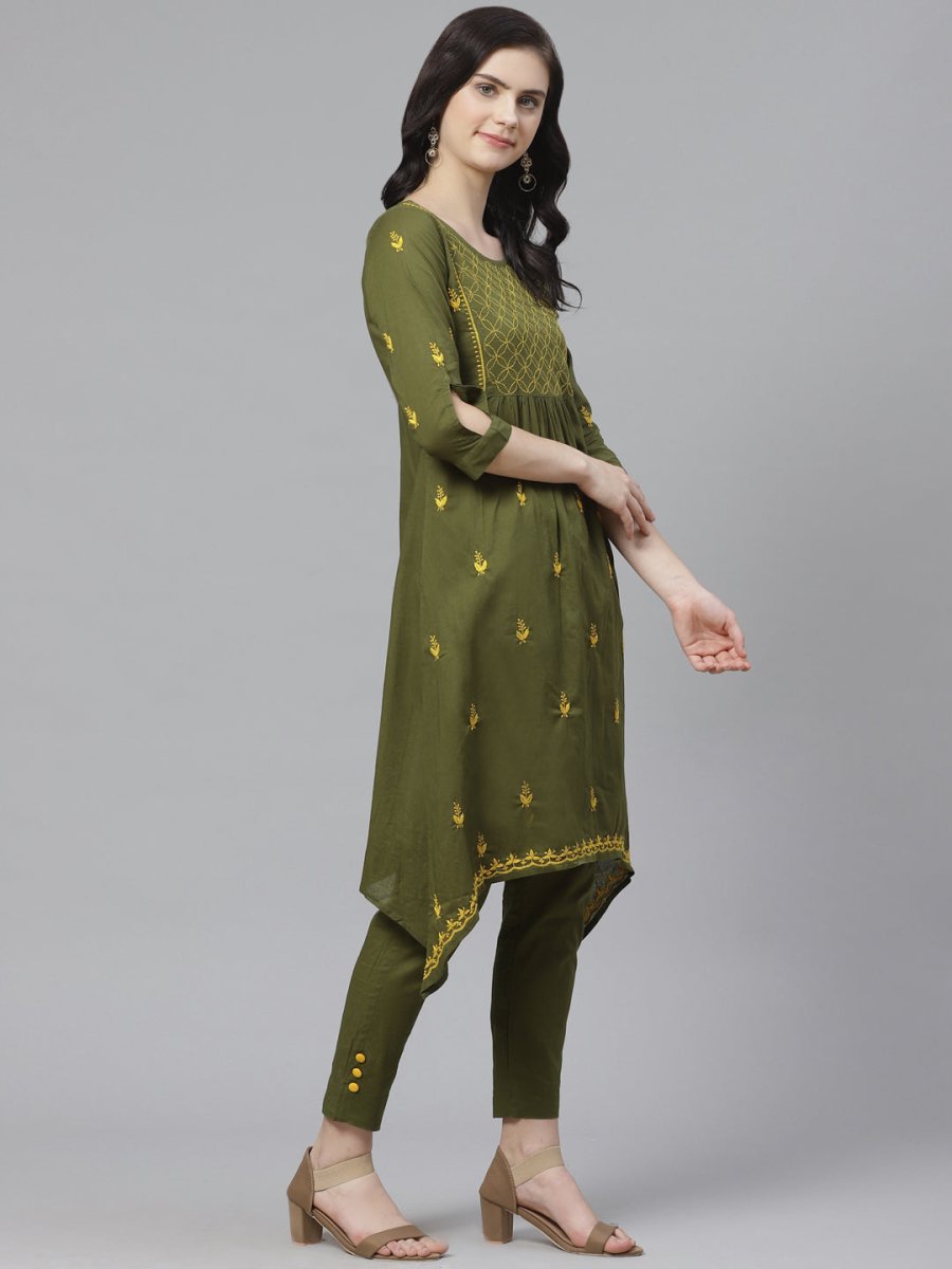ADA Women Green & Yellow Chikankari Embroidered Sustainable Handloom Kurta with Trousers | Swadesiicart