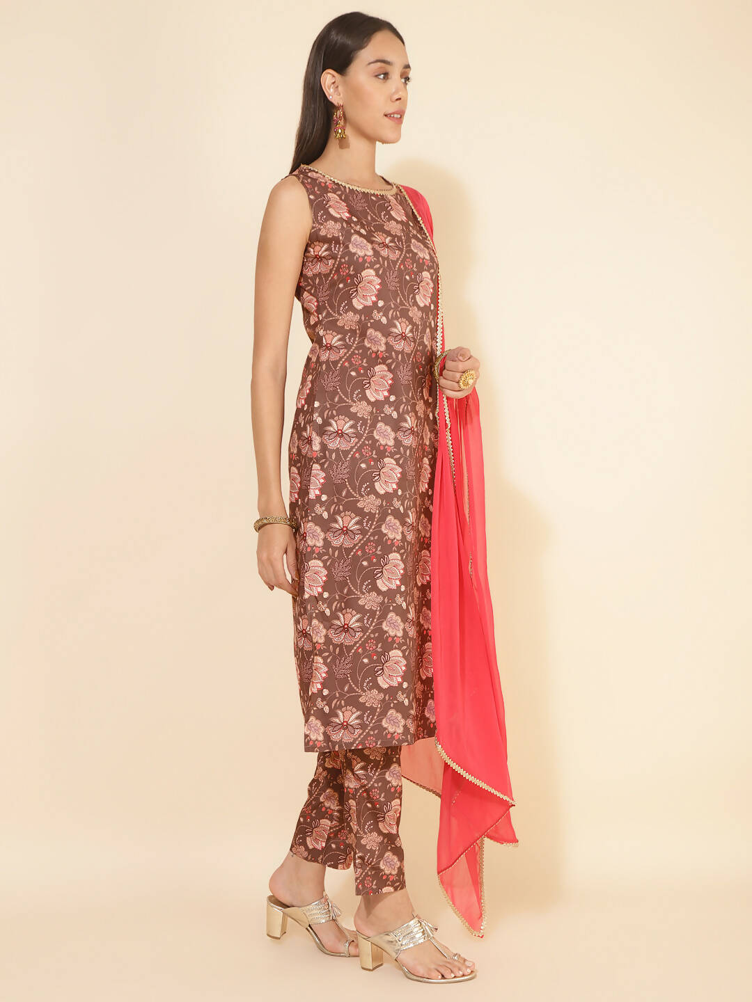 Janasya Women's Brown Crepe Digital Floral Printed Festive Straight Kurta Set | Swadesiicart
