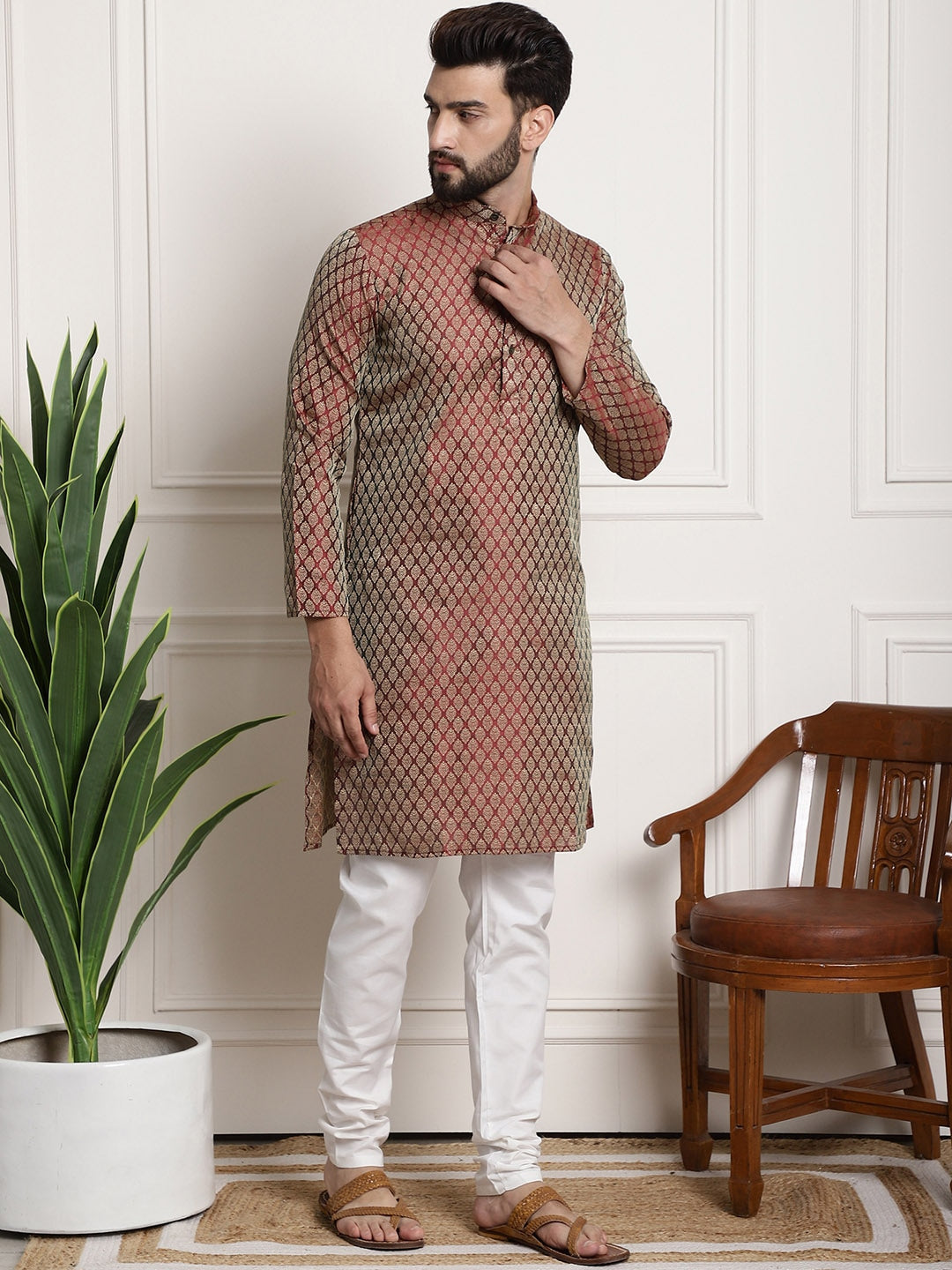 Sojanya Men Maroon & Off-White Woven Design Kurta with Churidar | Swadesiicart