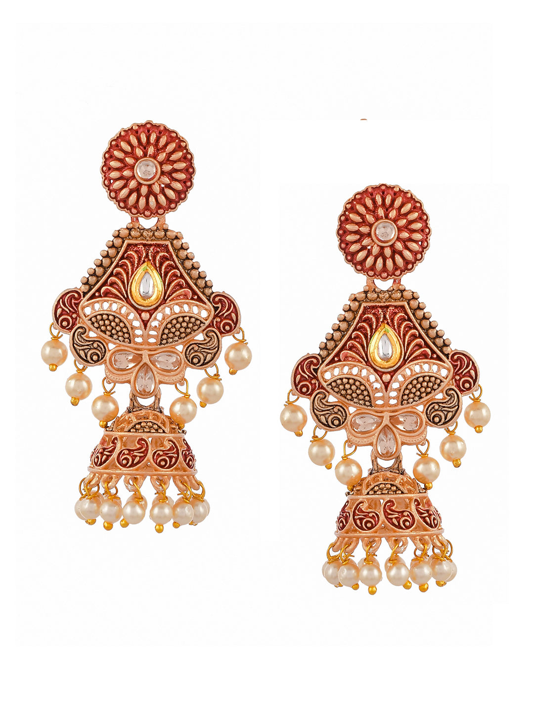 Shoshaa Maroon & Gold-Toned & Plated Contemporary Antique Jhumkas Earrings | Swadesiicart