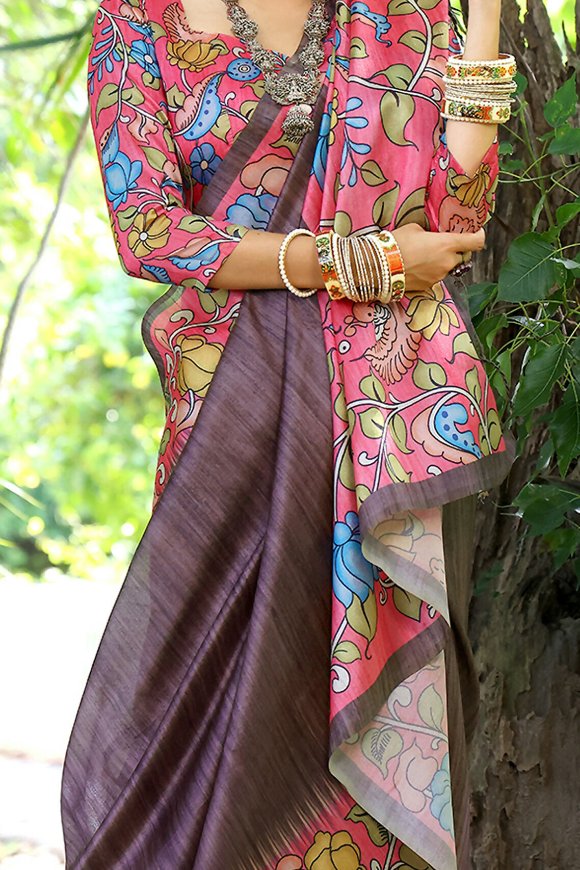 Vishnu Weaves Women's Coffee Cotton Silk Woven Saree with Blouse - Swadesiicart