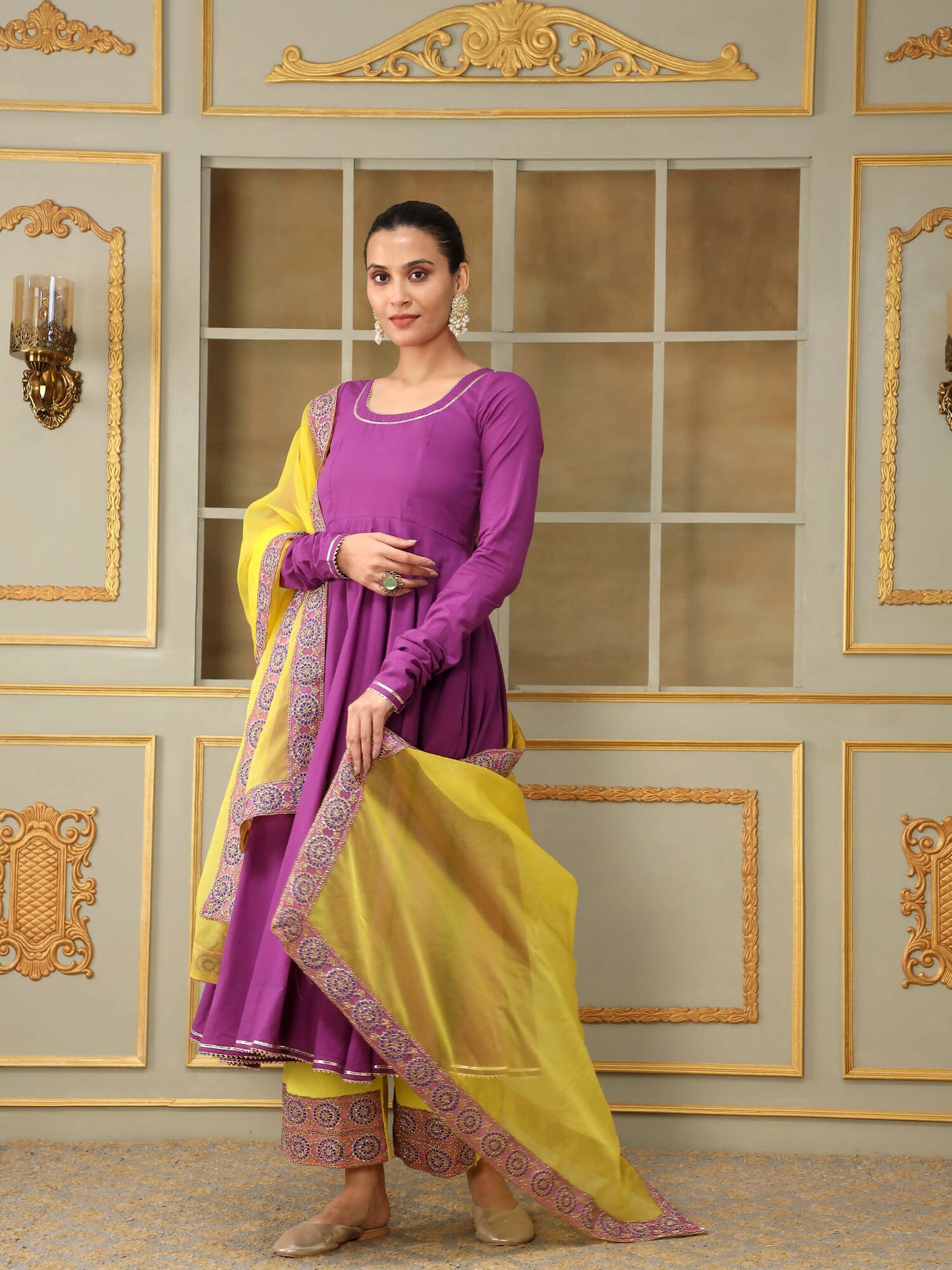 Pomcha Jaipur Purple Saadgi Bagni Lace Anarkali Set | Swadesiicart