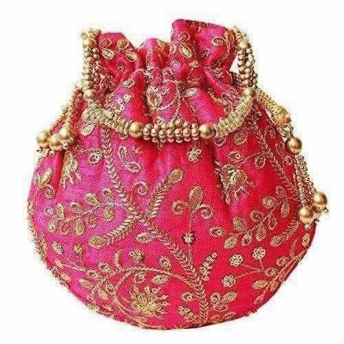 Ethnic Clutch Silk Potli Batwa Pouch Bag with Metal Bead work Gift - Swadesiicart