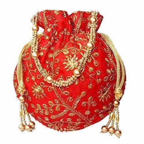 Ethnic Clutch Silk Potli Batwa Pouch Bag with Metal Bead work Gift - Swadesiicart