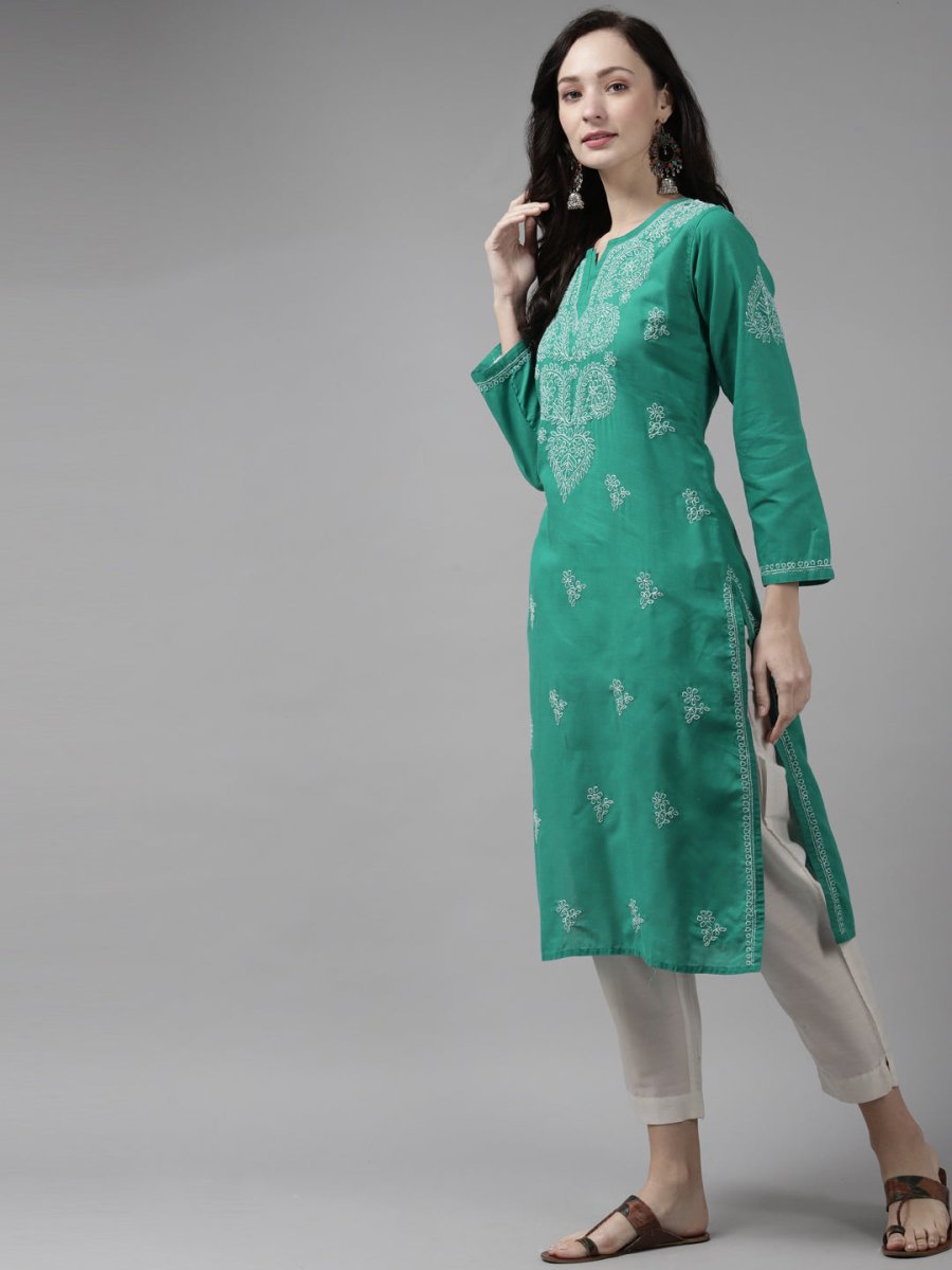 ADA Women Green & White Ethnic Motifs Hand Embroidered Chikankari Handloom Kurta | Swadesiicart