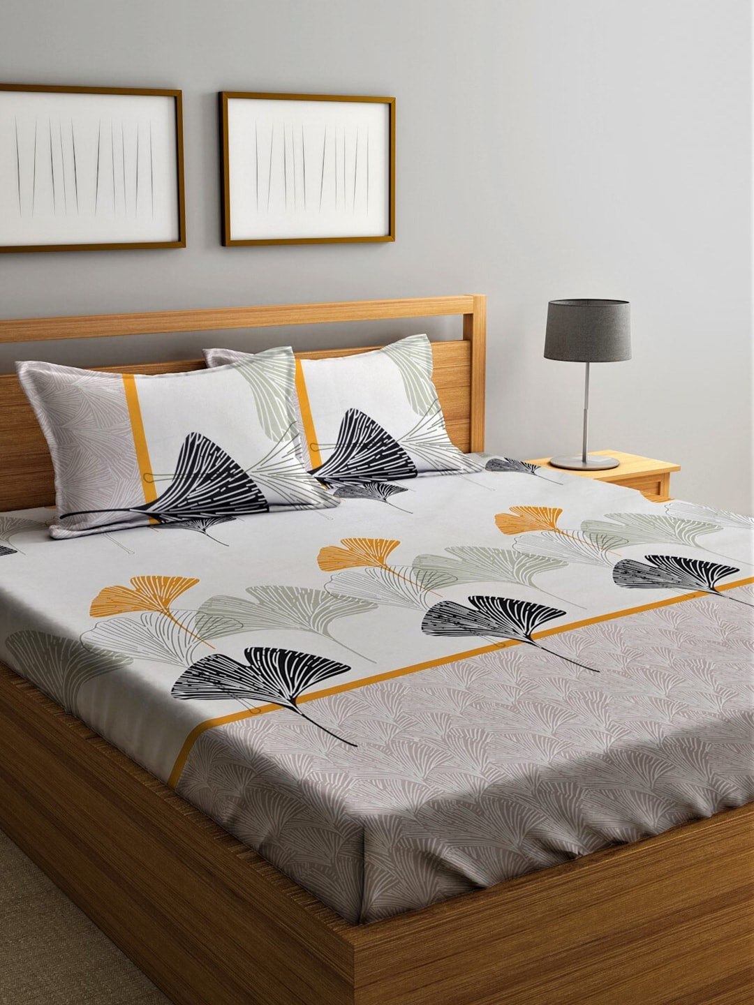 Home Sizzler Grey & Yellow Floral 210 TC Queen Bedsheet with 2 Pillow Covers - Swadesiicart