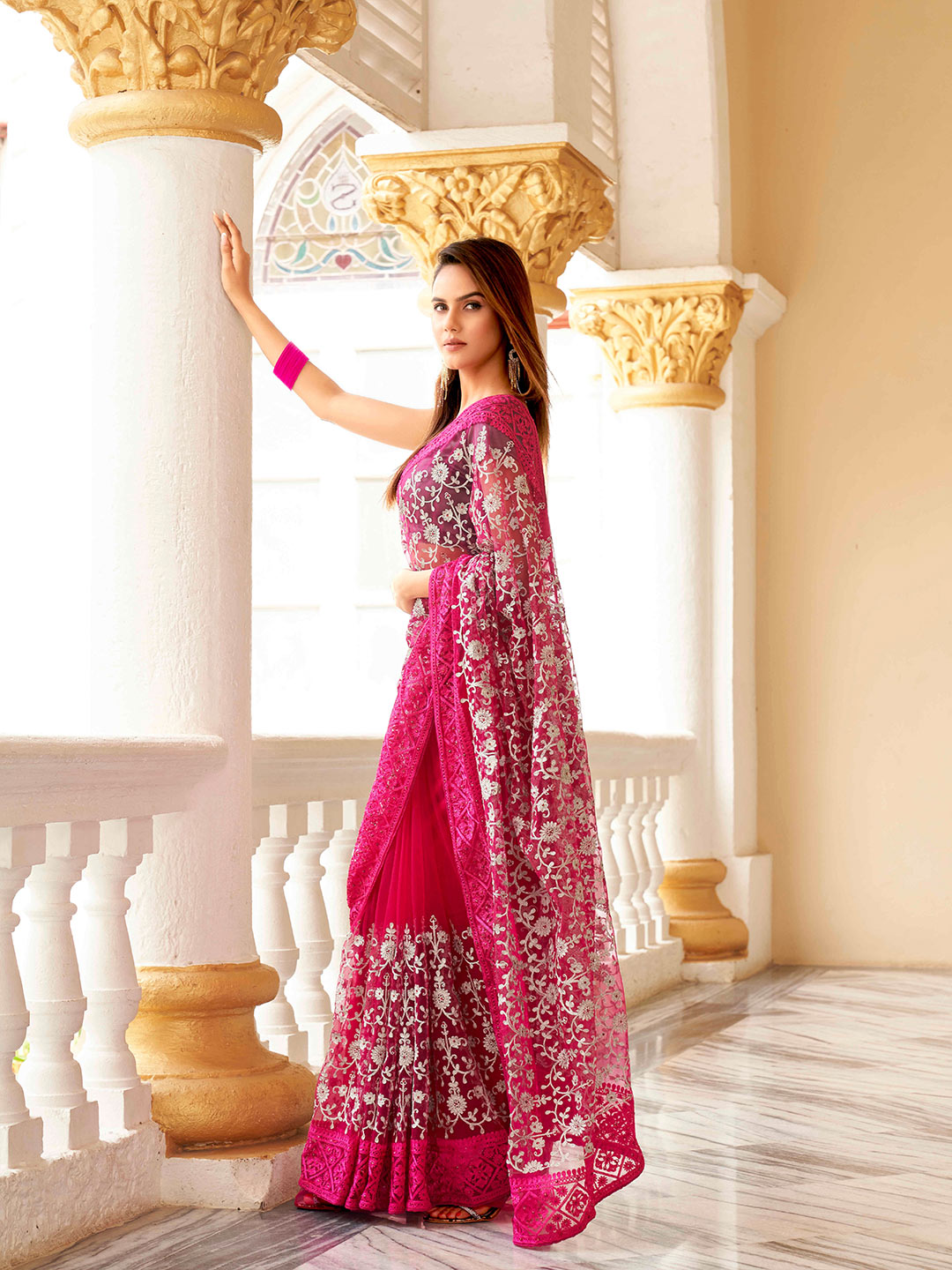 Tikhi Imli Embellished Beads and Stones Net Heavy Work Saree | Swadesiicart