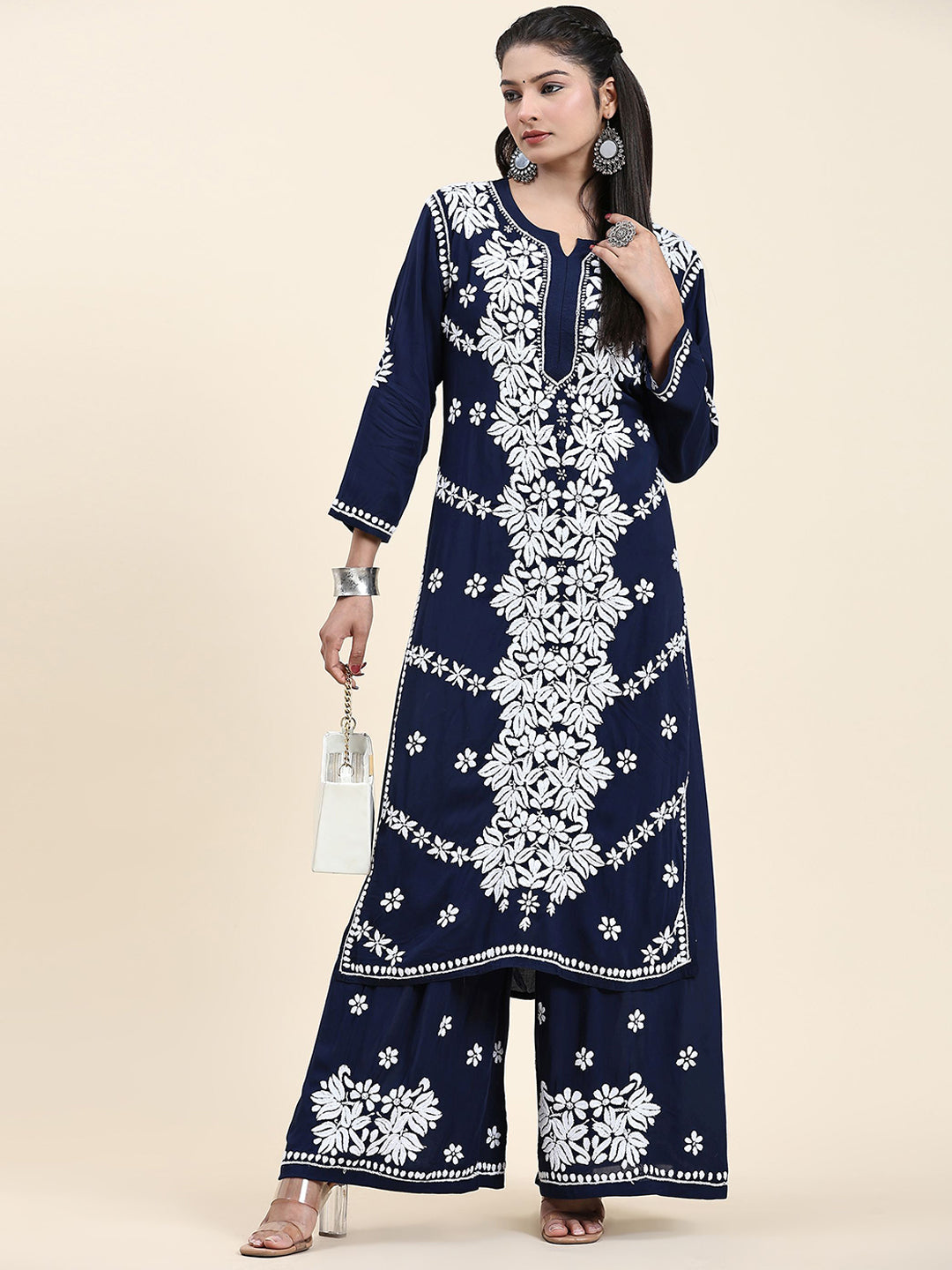 HOUSE OF KARI Ethnic Motifs Embroidered Chikankari Cotton Kurta & Palazzos | Swadesiicart