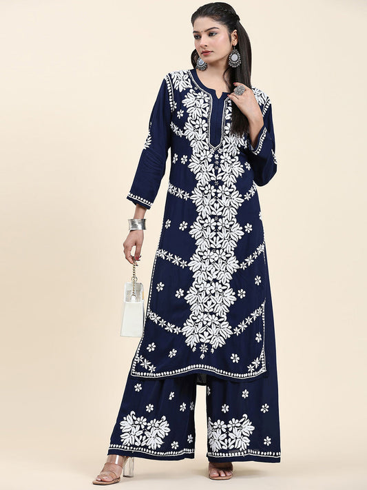 HOUSE OF KARI Ethnic Motifs Embroidered Chikankari Cotton Kurta & Palazzos | Swadesiicart