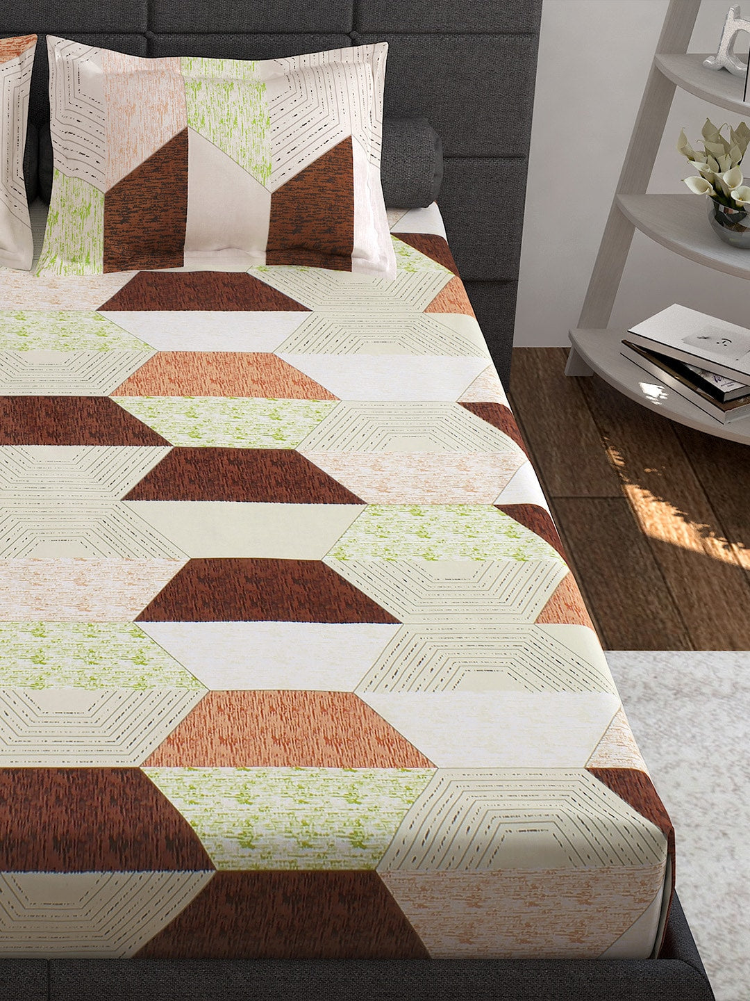 Story@home Cream-Coloured Geometric 152 TC Cotton 1 Queen Bedsheet with 2 Pillow Covers - Swadesiicart