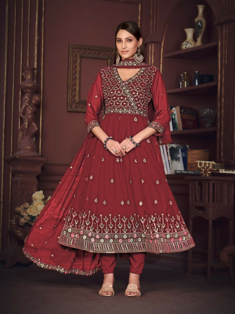 Jyoti Fashion Women's Maroon Georgette Embroidered Anarkali Kurta Pant Set With Dupatta | Swadesiicart