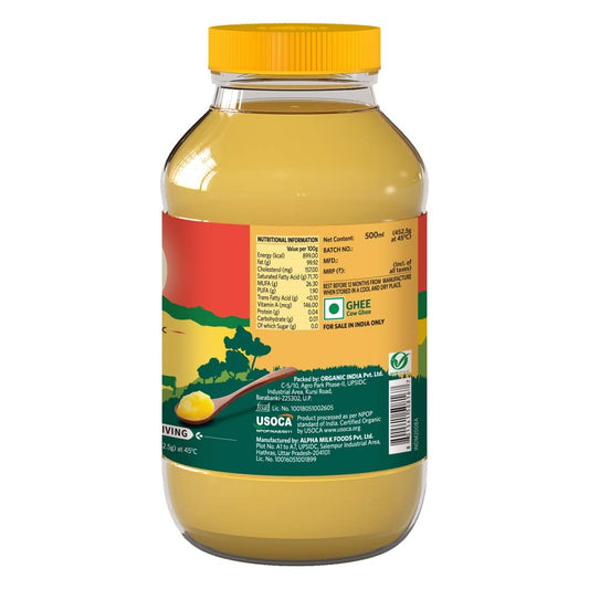 Organic India Organic Cow Ghee 500 ml Bottle | 100% Gir Cow Ghee | Vedic Bilona Method | Grassfed, Cultured, Premium & Traditional Ghee | Immunity Booster - Swadesiicart