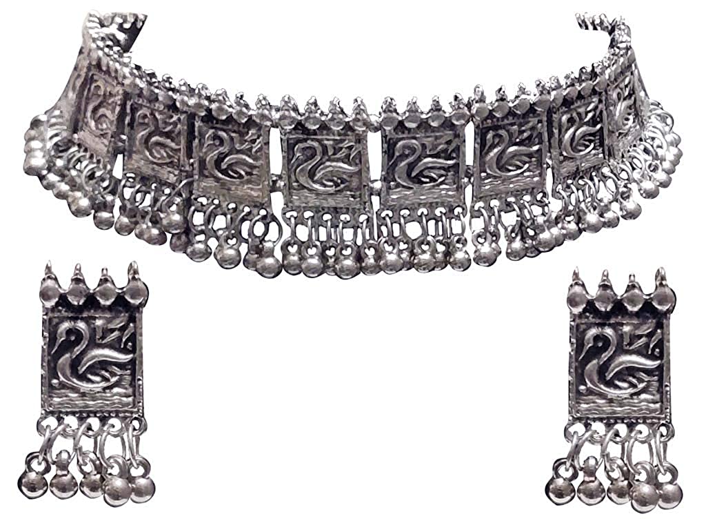 Silver-Plated Alloy Oxidised Silver Geometric Necklace - The Pari | Swadesiicart