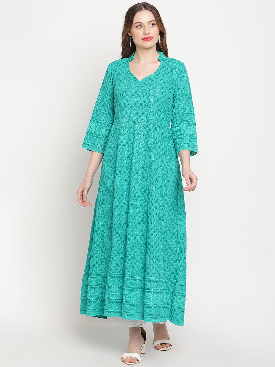 Kalini Chikankari Embroidered Pure Cotton Anarkali Kurta | Swadesiicart