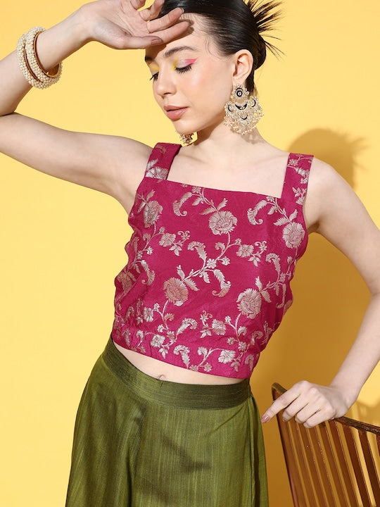 InWeave Women's Pink Brocade Strappy Top W Olive Pink Brocade Palazzo Set - Swadesiicart