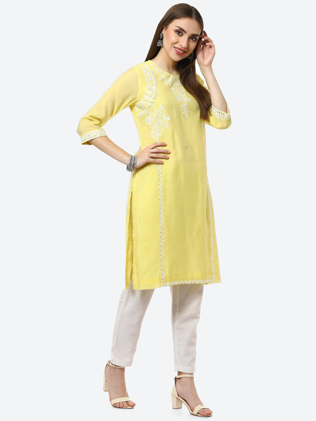 Biba Women Yellow Ethnic Motifs Embroidered Chikankari Kurta | Swadesiicart