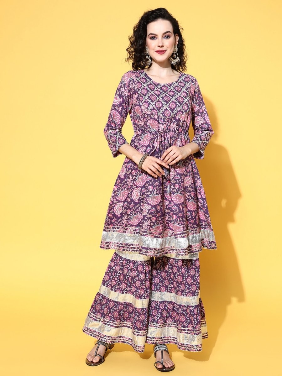 All About You Women Purple Floral Printed Regular Gotta Patti Pure Cotton Kurta with Sharara