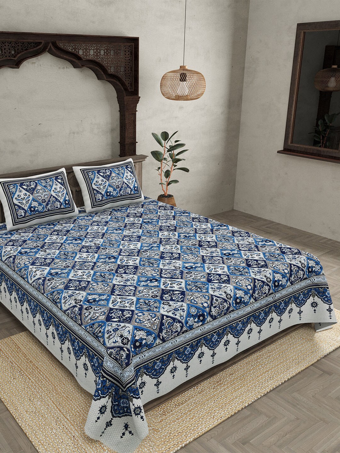 JAIPUR FABRIC Festival Waves Blue & White Cotton 210 TC Queen Bedsheet & 2 Pillow Covers | Swadesiicart