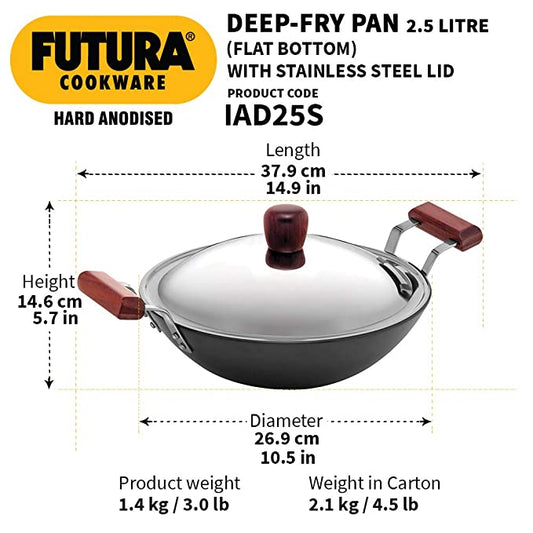 Hawkins Futura 2.5 Litre Deep Fry Pan, Hard Anodised Kadai with Stainless Steel Lid - Swadesiicart