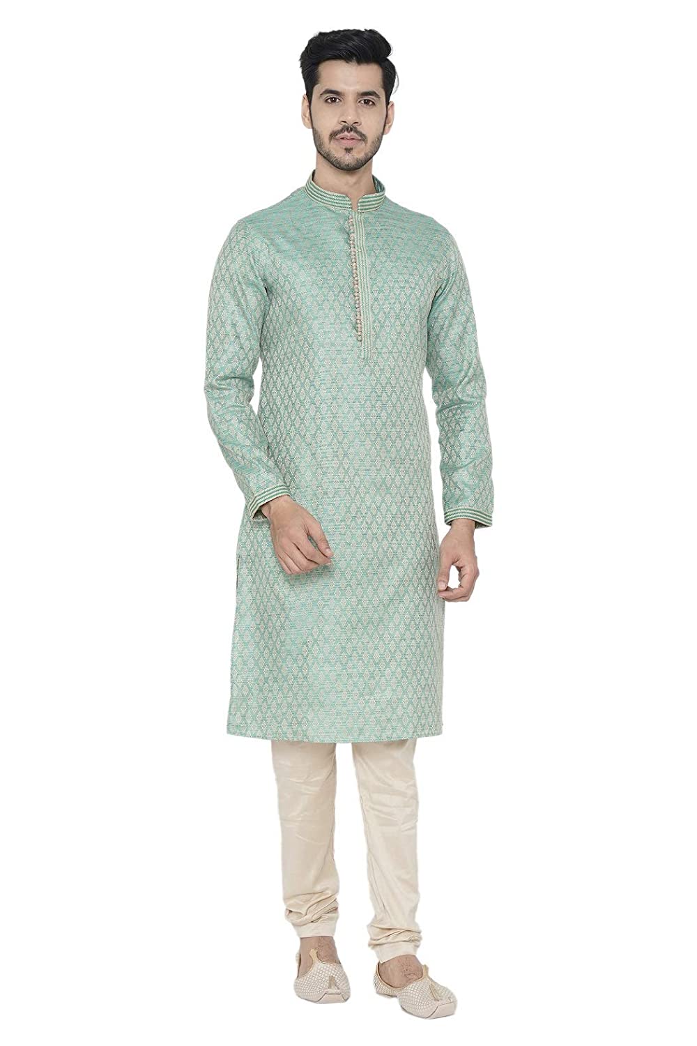 Manyavar Firoz Green Knee Long Full Sleeves Kurta and Payjama Set For Men | Swadesiicart